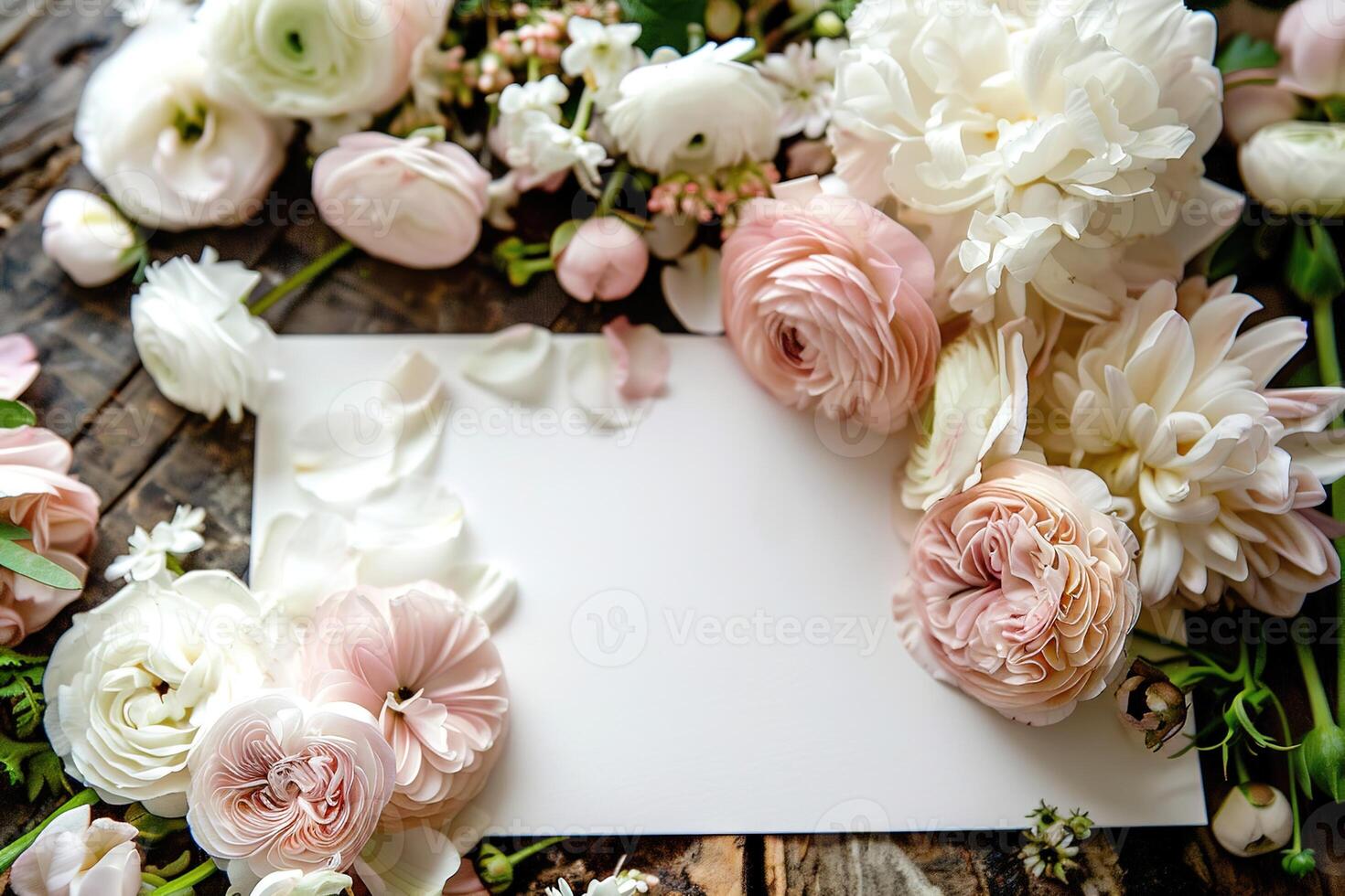 Gentle flat lay composition with an empty card and soft pastel blossoms on textured wood surface, ideal for wedding stationery, branding projects and feminine designs photo