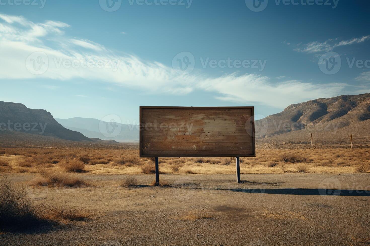 Vintage blank road sign with faded paint and signs of age, placed on a winding road in a remote, arid region under warm sunlight photo