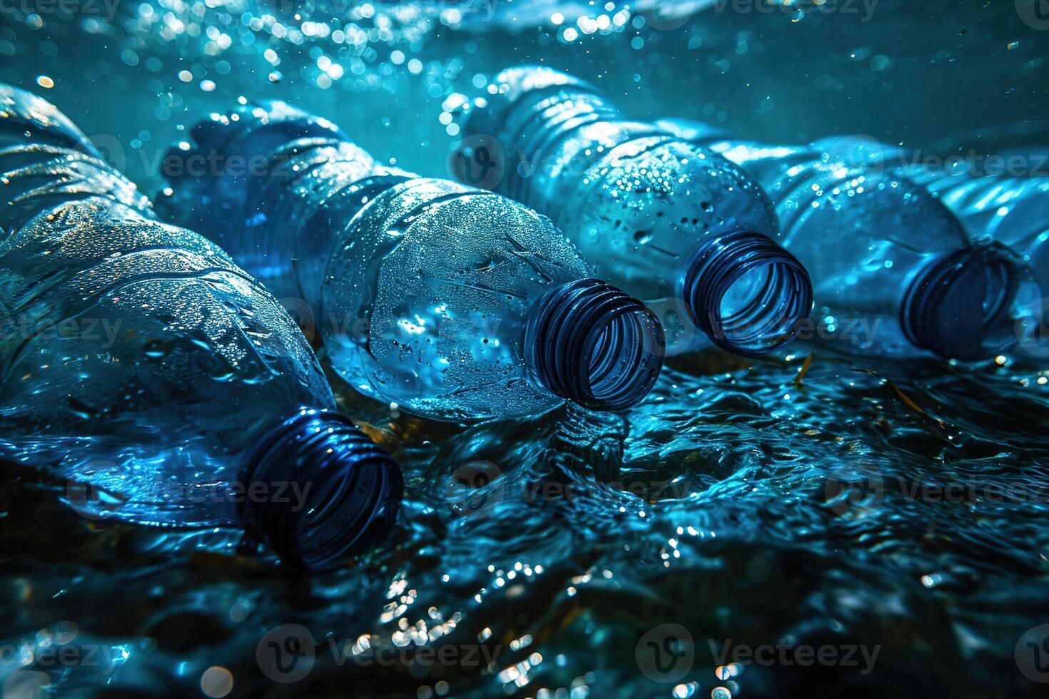 Underwater photo of discarded plastic bottles resting on ocean floor, environmental pollution and urgent need for ocean cleanup initiatives. Ideal for eco-awareness campaigns, educational materials
