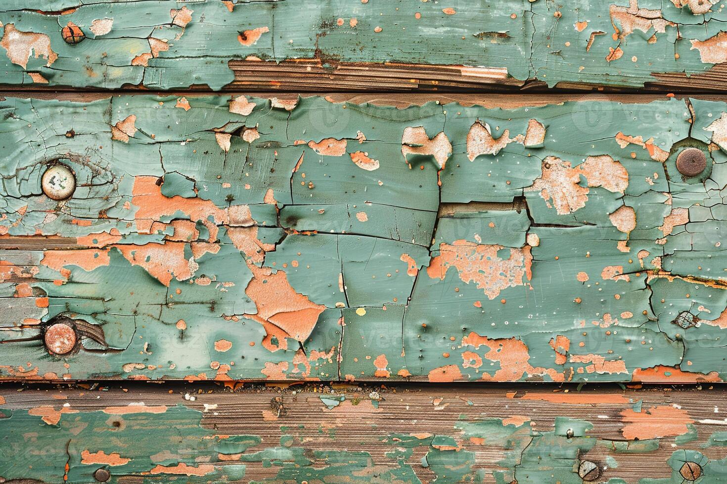 abstract textured background top view, grunge style peeling paint on wooden surface with scattered nails and paint chips photo