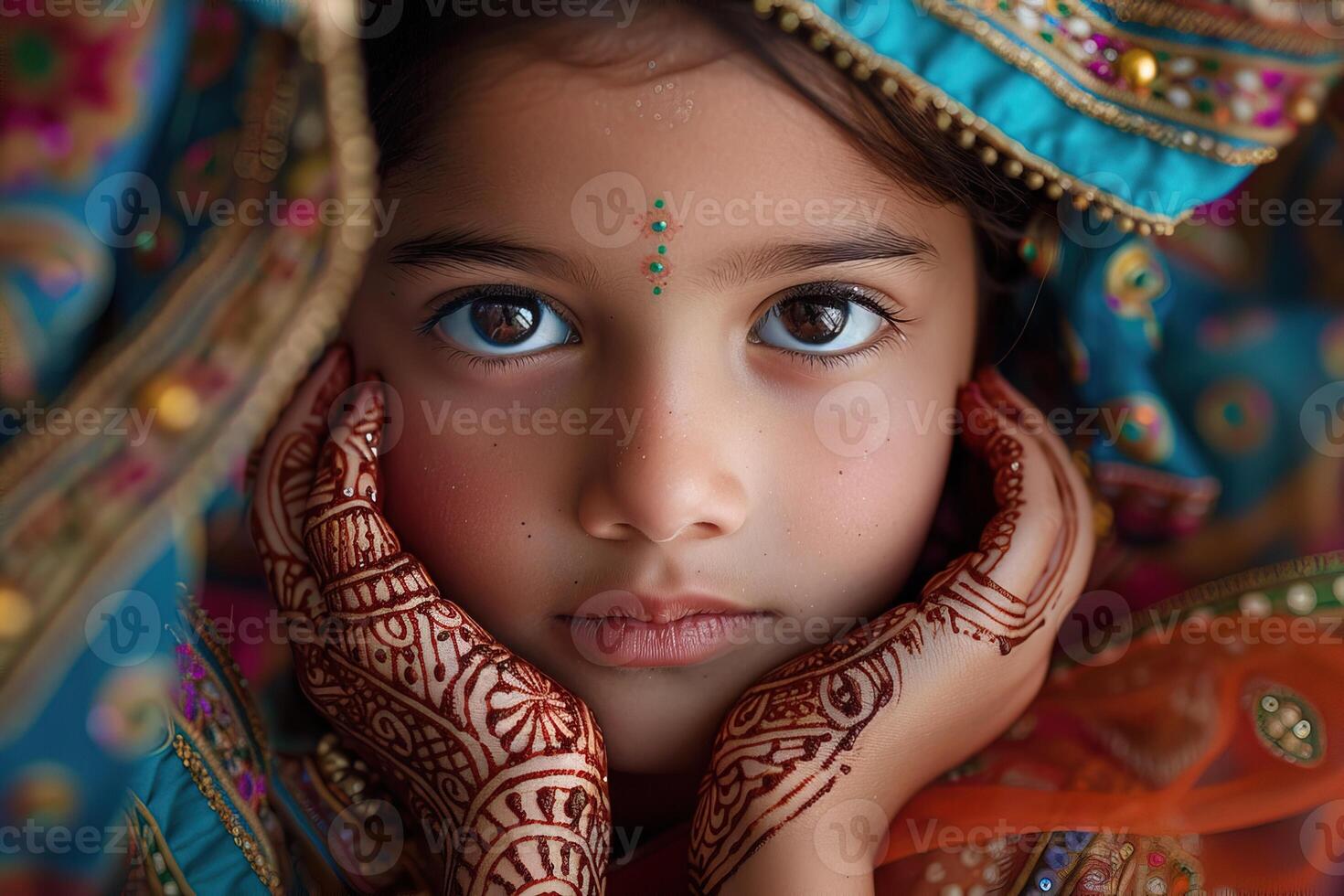 Beautiful image of young indian child with ornate mehndi patterns, framed by rich textiles and authentic ethnic decorations, celebrating cultural heritage photo
