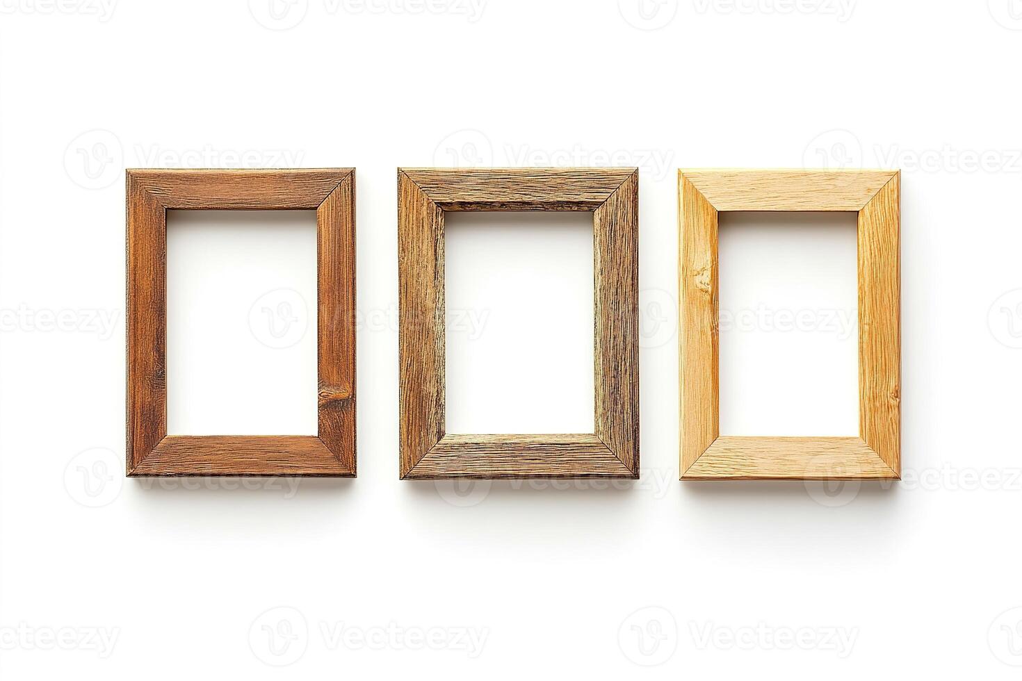 Minimalistic flat lay of three natural wood picture frames isolated on white backdrop. Perfect for creative projects, digital art mockups and gallery wall planning photo