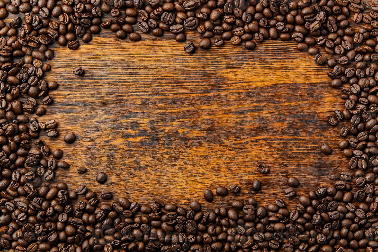 Rustic top view coffee bean frame layout with empty center for text or branding. concept symbolizing warmth, hospitality and culinary passion, perfect for advertising, banners and website headers photo