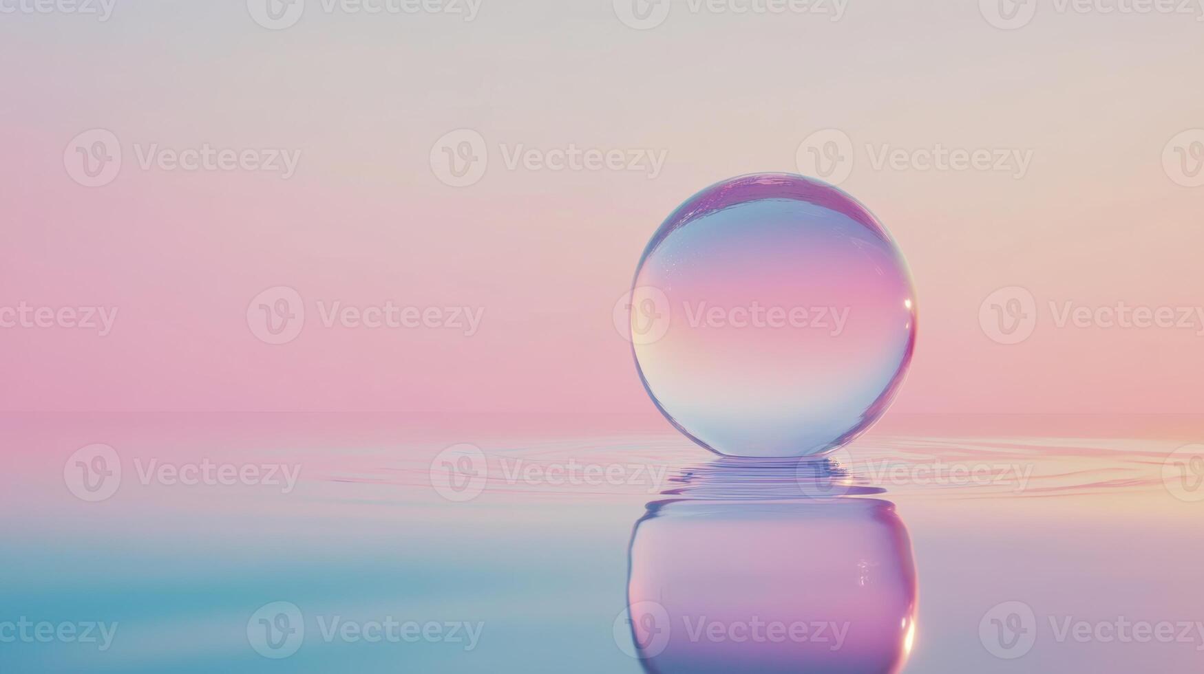 Transparent glass sphere levitating above calm water surface, mirroring soft pastel sky with gentle expanding ripples, evoking tranquil dreamscape photo