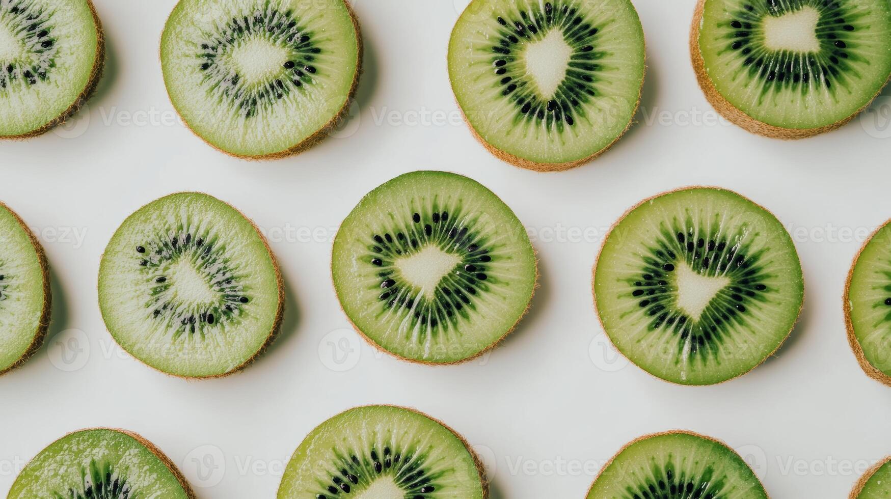 Vibrant kiwi slices forming geometric pattern against crisp white surface, highlighting fresh fruit symmetry and clean nutritional design elements photo