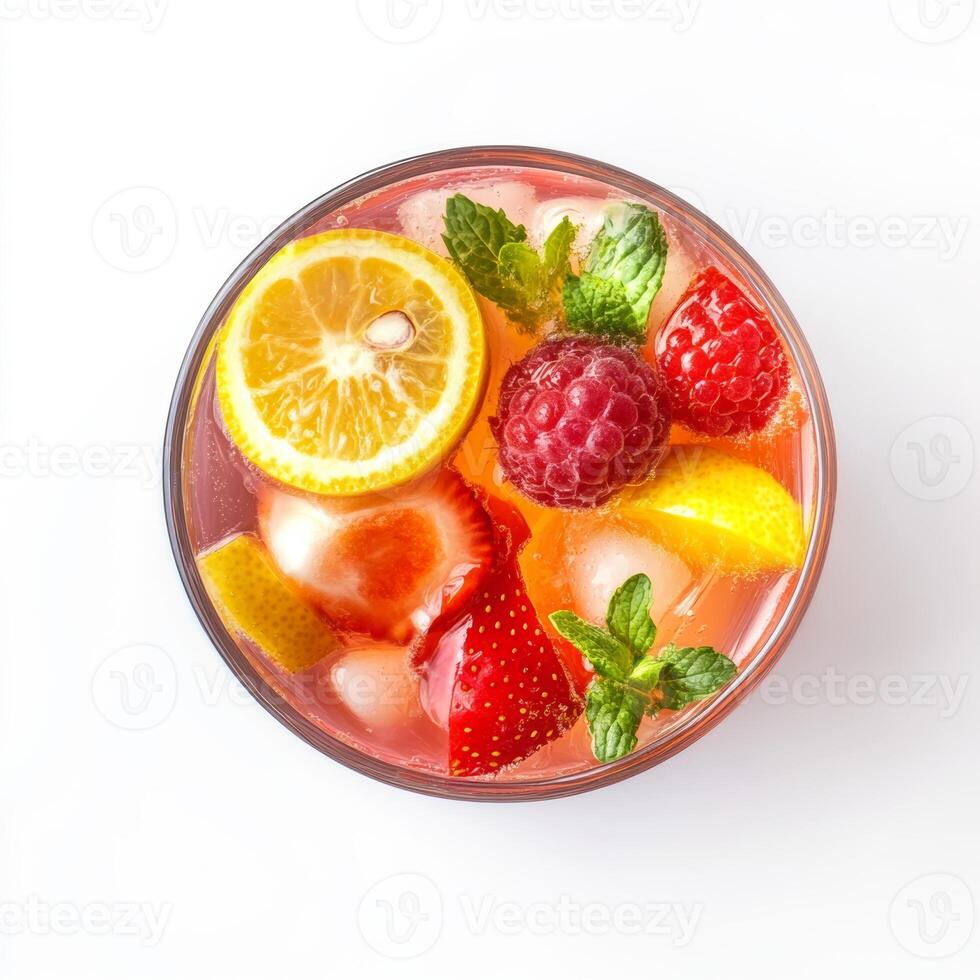 Cool summer lemonade featuring ice-chilled drink garnished with fresh berries, sliced lemon, mint leaves, resting on pristine white surface photo