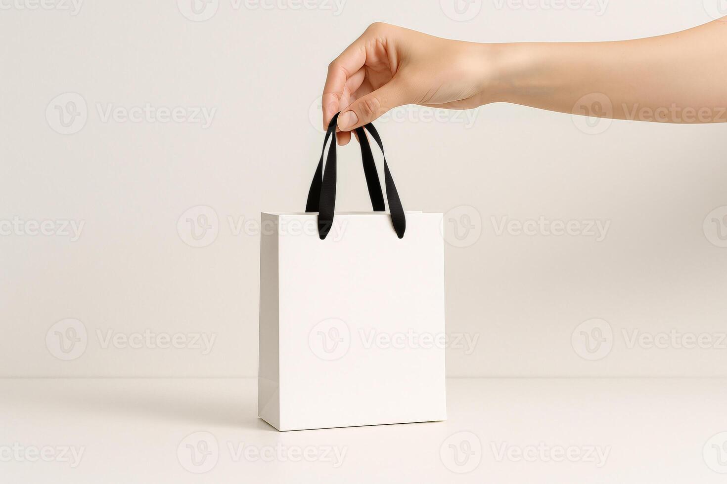 small white paper bag on backdrop in woman's hand photo
