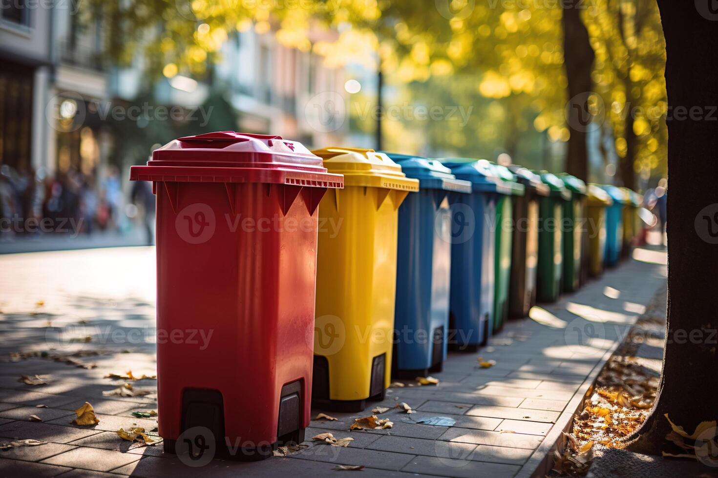 Colorful outdoor trash cans arranged side by side on street path. Perfect for illustrating recycling systems, public waste sorting and city infrastructure photo