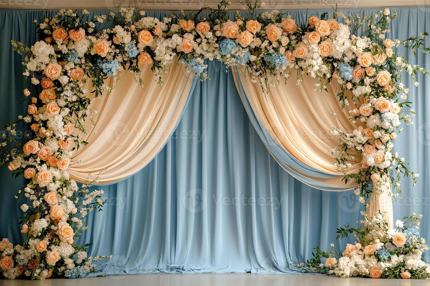 Charming event background with light blue and white curtain and gentle floral accents, flowers arch. design with copy space for weddings, anniversaries and birthday photo