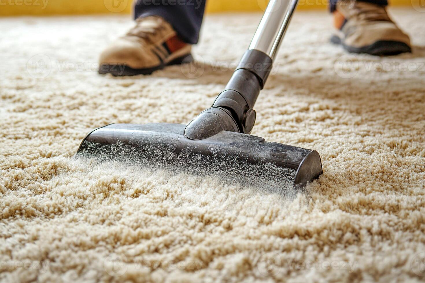Close-up view of a man cleaning a soft white carpet with a vacuum cleaner, capturing a moment of household care and hygiene photo