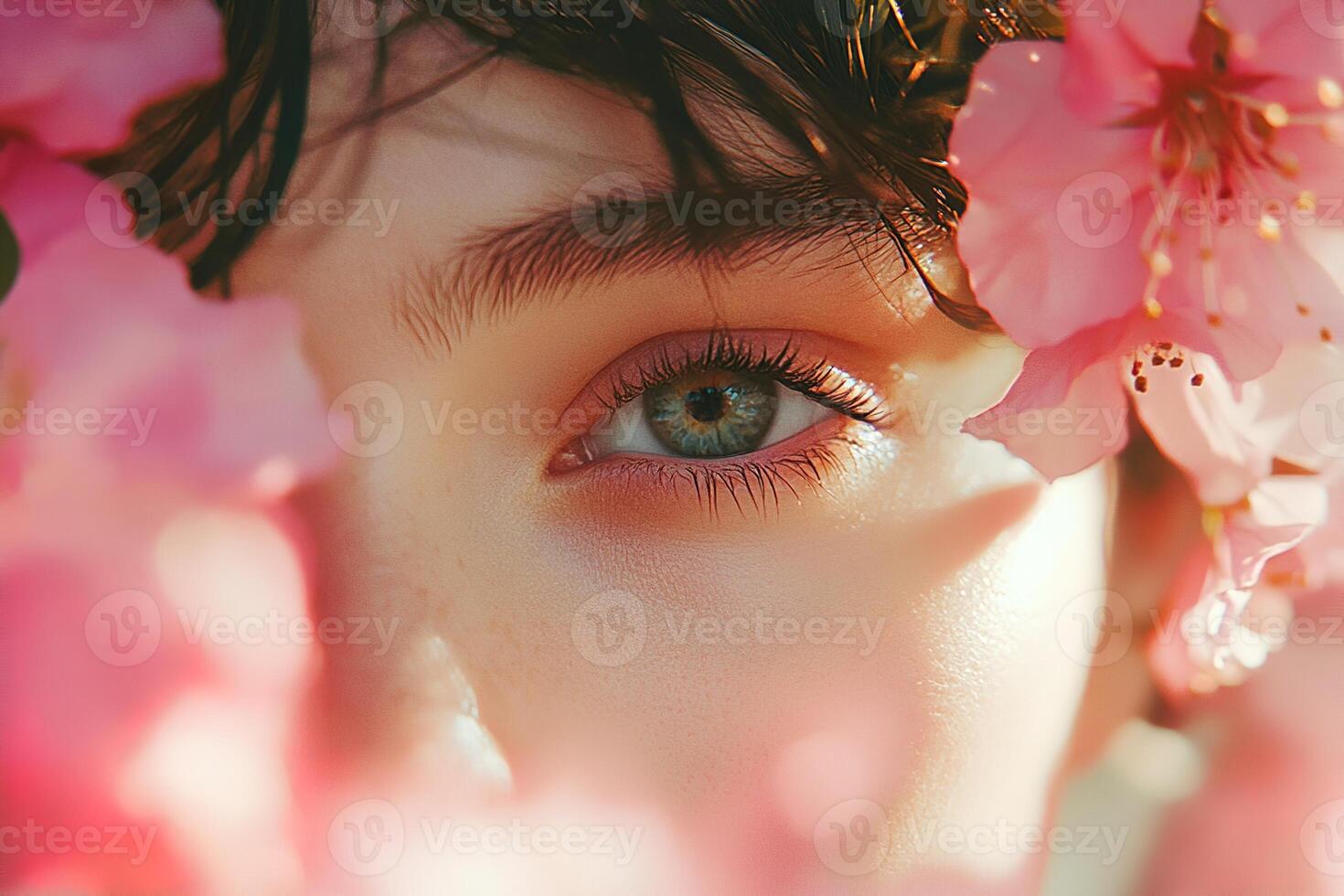 Delicate female eye in green tones, embraced by blooming flowers with dreamy soft light. Ideal for organic beauty product promotions and nature-inspired photography projects photo