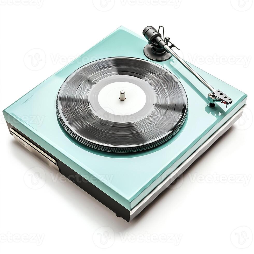 photo stylish design blue retro record player with spinning vinyl and sleek tonearm isolated on a white background, element design of nostalgic vintage music culture and classic audio technology