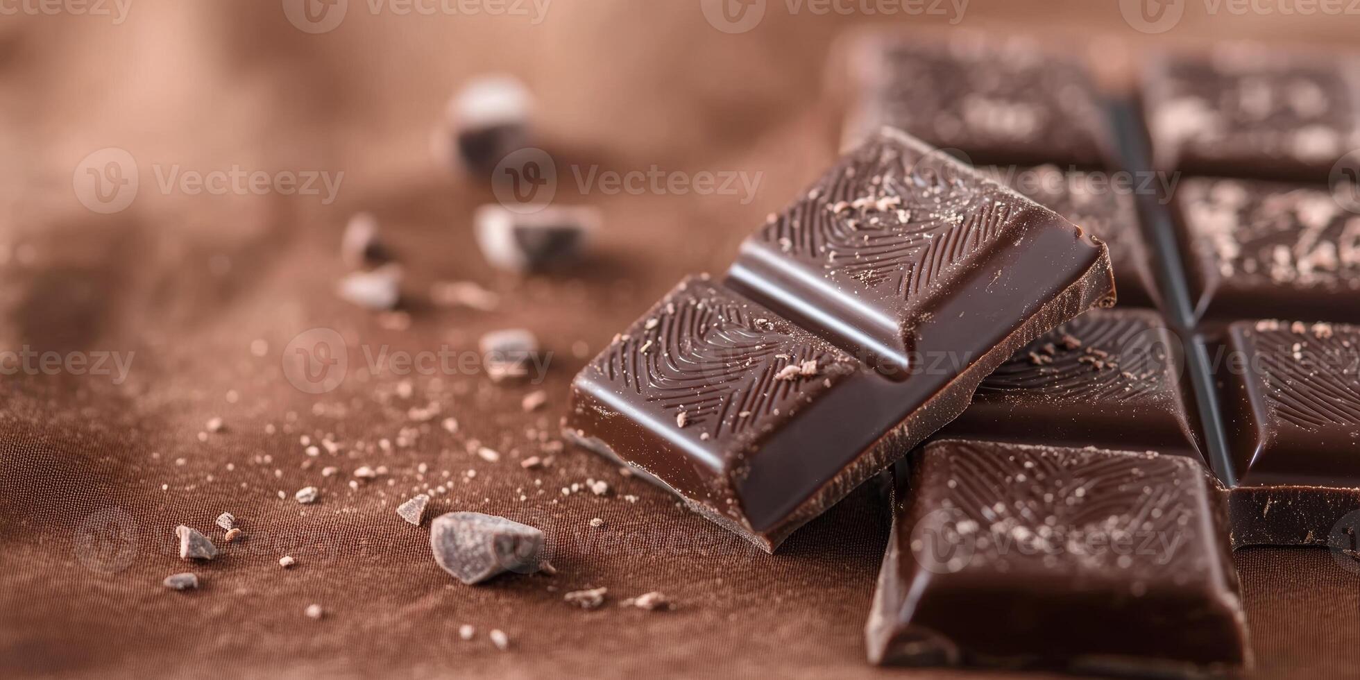 Close-up of rich dark chocolate pieces with textured design and cocoa crumbs photo