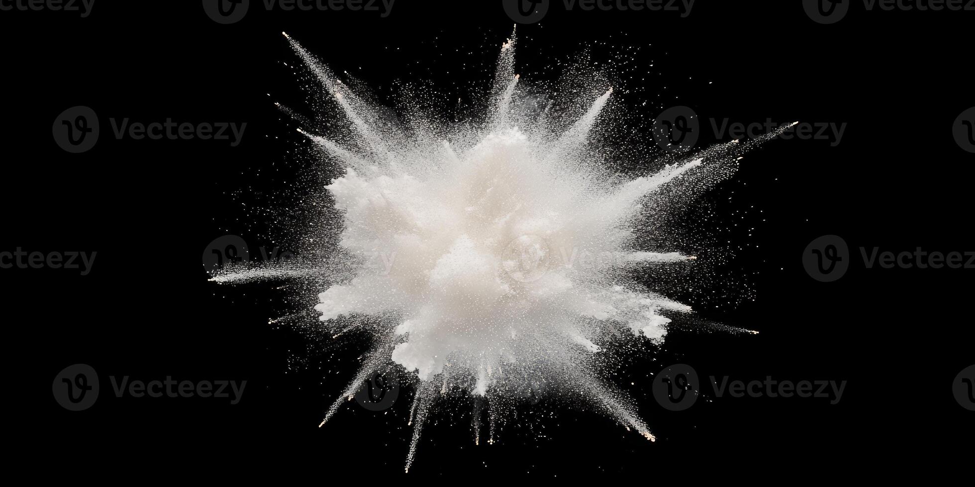 Dynamic flour explosion against black background photo
