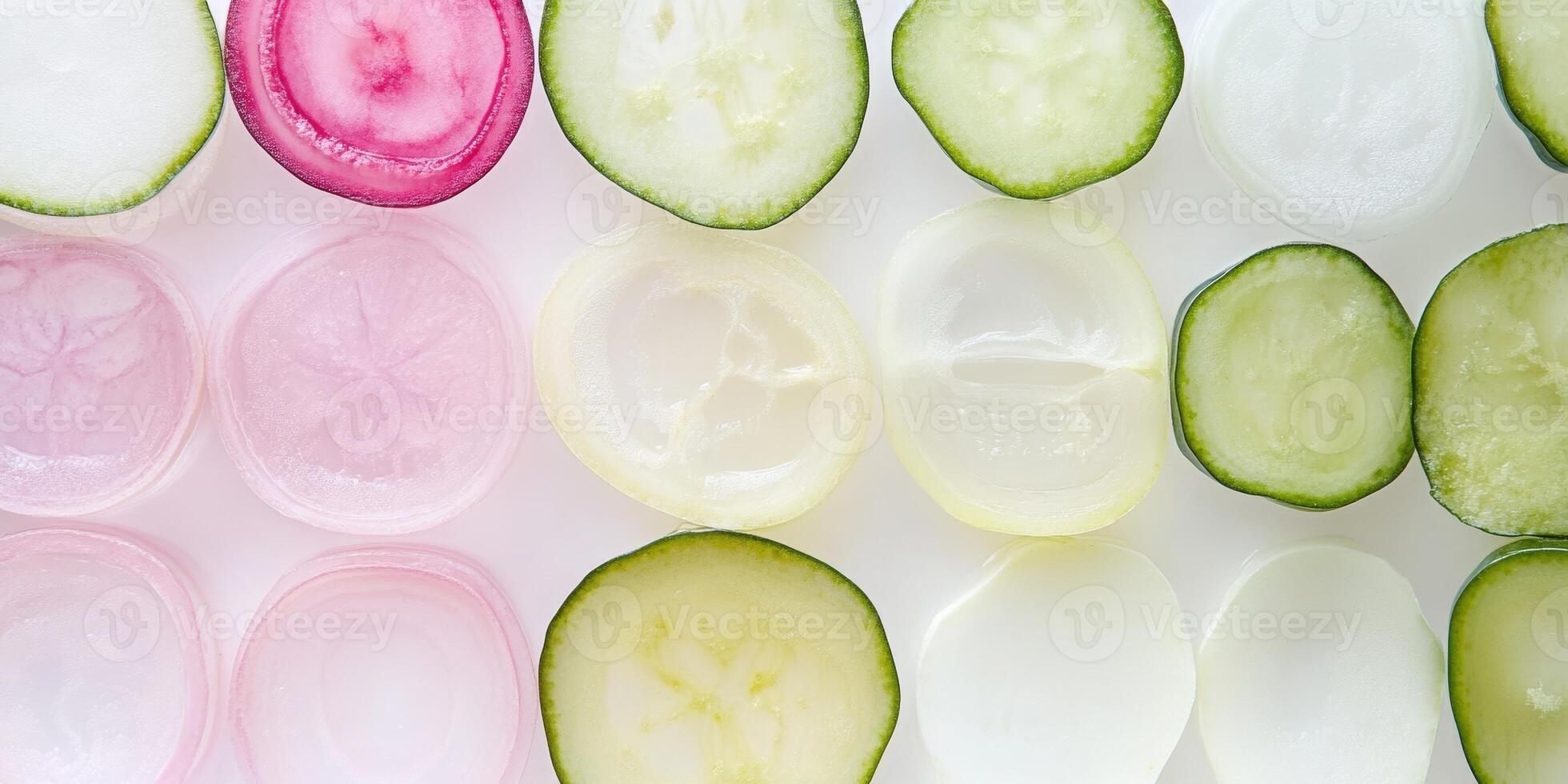 Colorful minimalist flat lay of sliced fresh fruits and vegetables for creative design photo