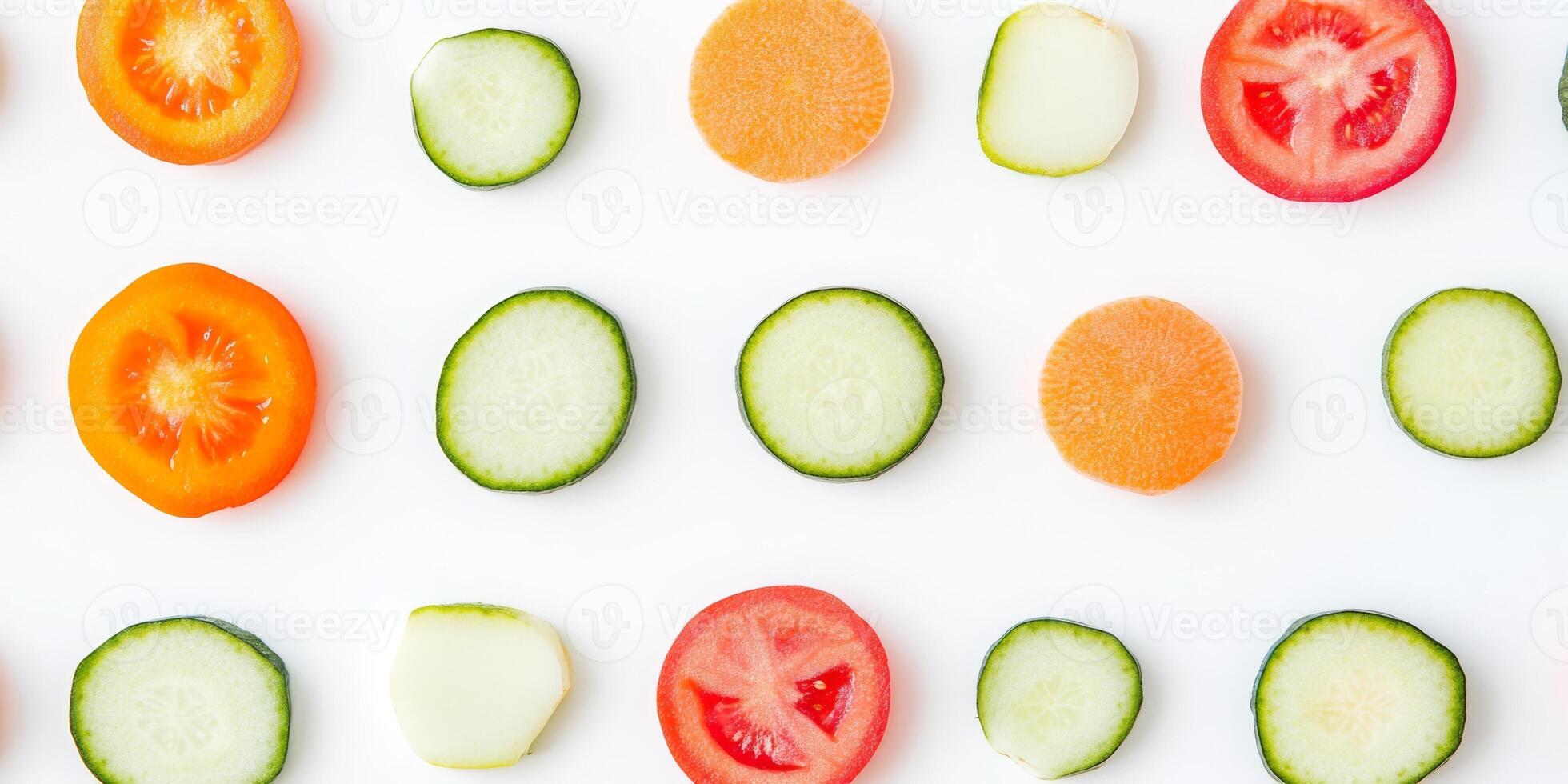 Minimalist flat lay of diverse sliced fruits and vegetables for modern design photo
