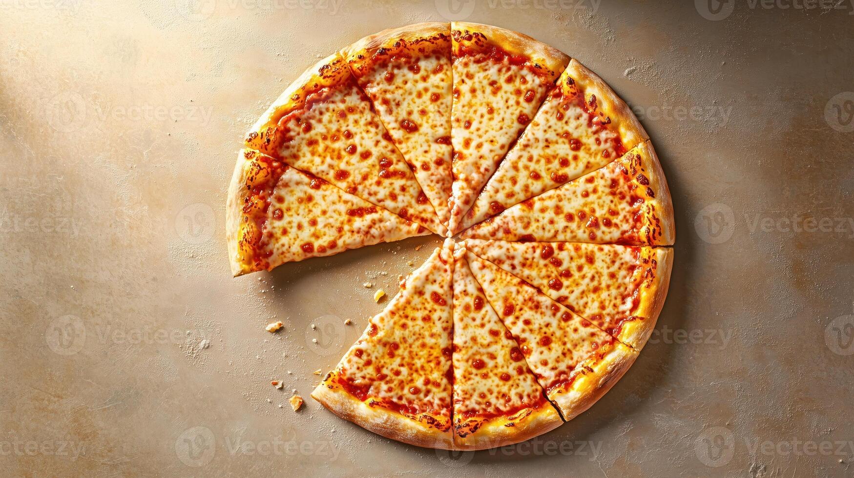 Whole cheese pizza, cut into slices, served on a lightly floured surface, copy space photo