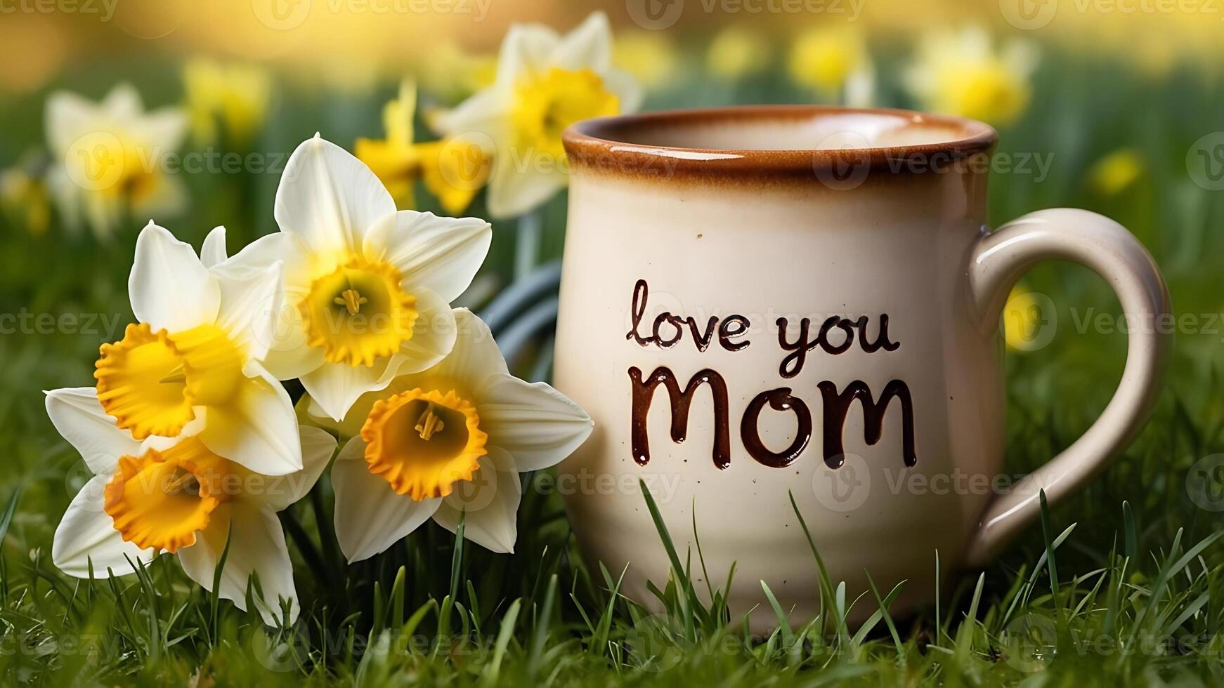 Ceramic mug on grass with flowers, in the mother's day concept photo