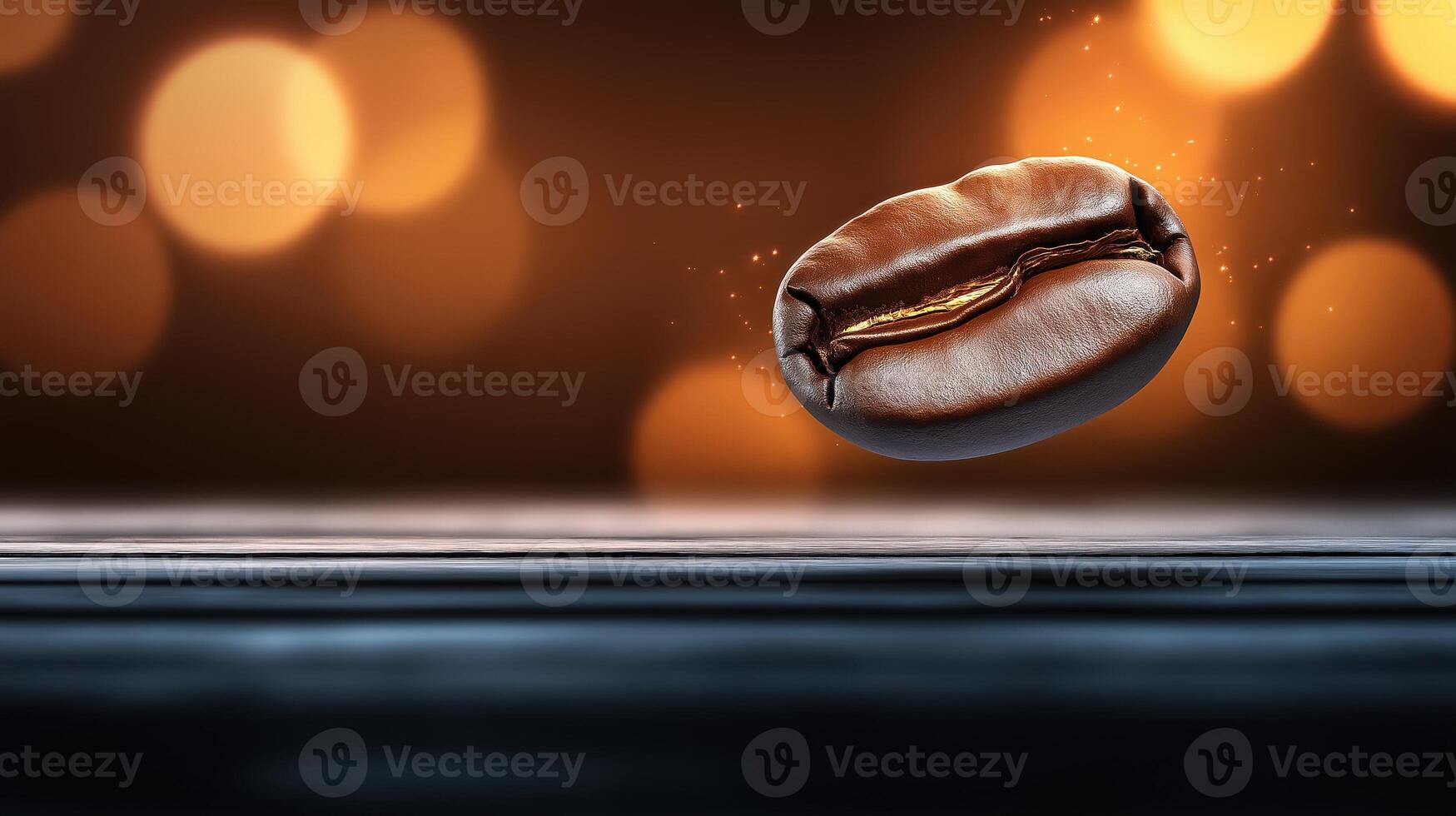 Roasted coffee bean hovers slightly on bokeh background, with copy space photo