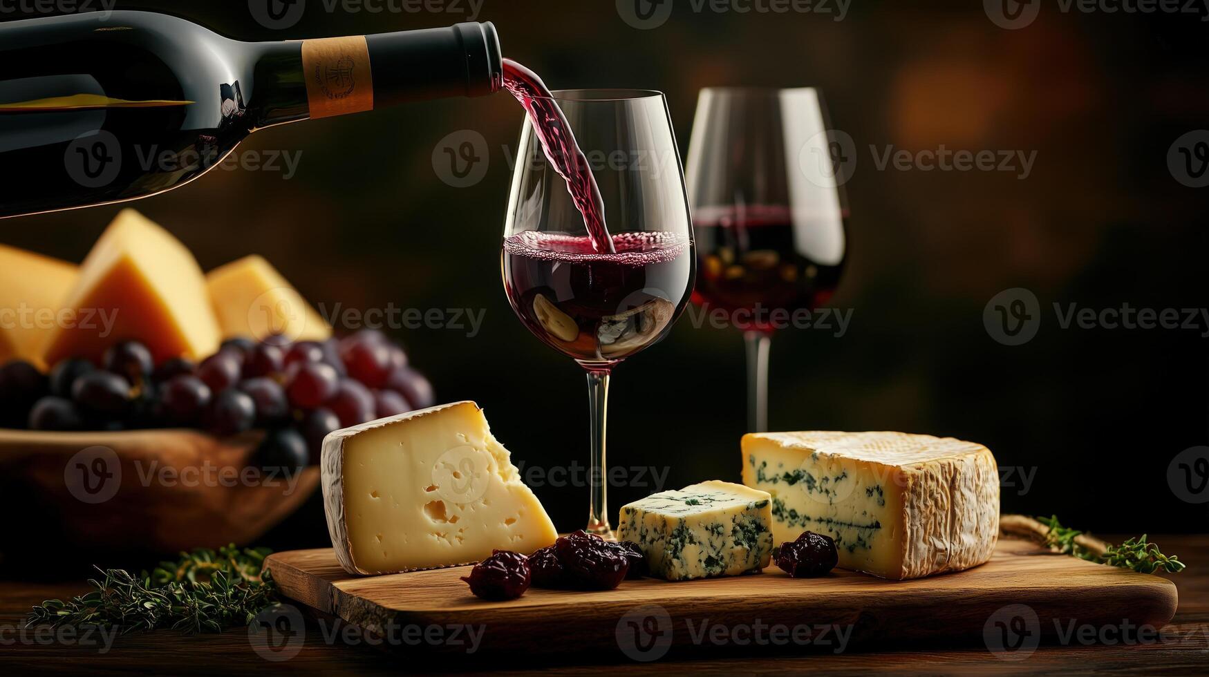 Red wine is being poured into glass, accompanied by variety of cheeses, grapes and herbs photo