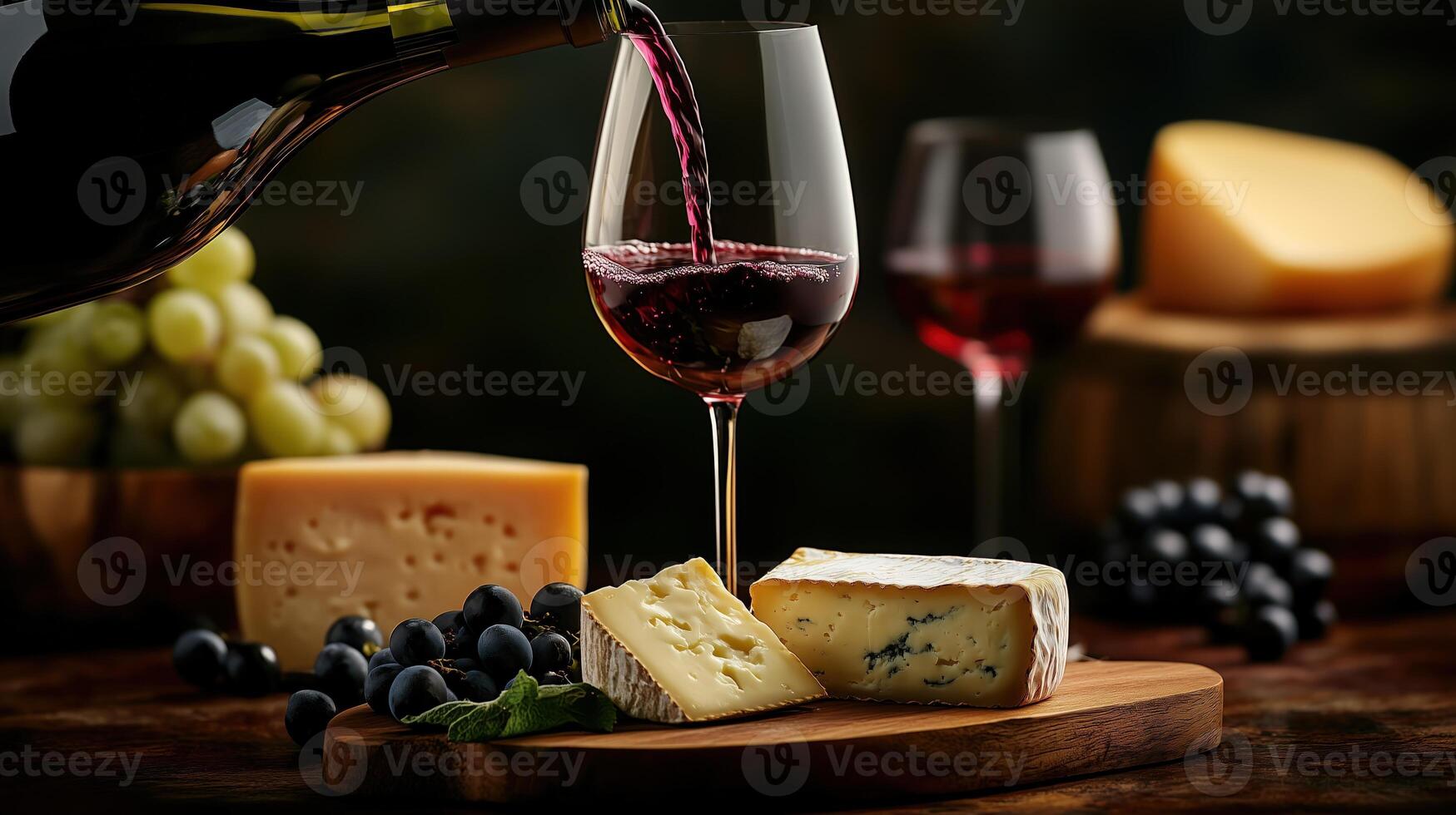 Red wine is being poured into glass, accompanied by variety of cheeses and ripe grapes photo