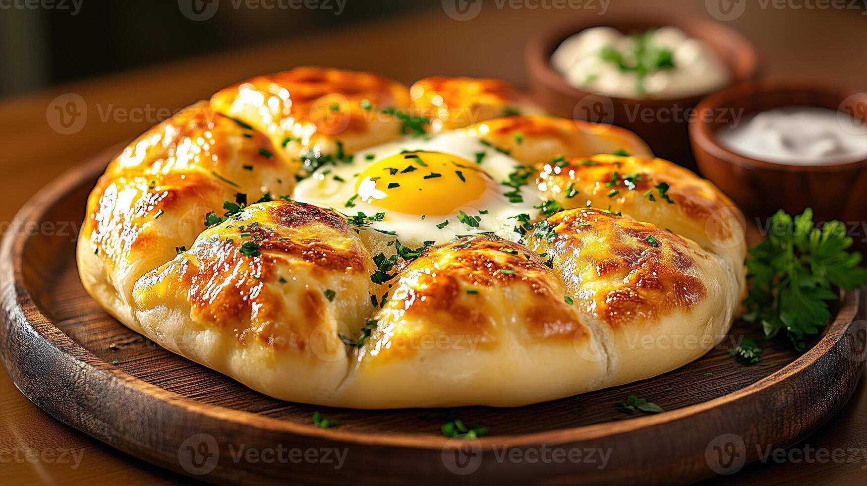 Tasty khachapuri, bread filled with cheese, butter and raw egg, resting on wooden platter photo