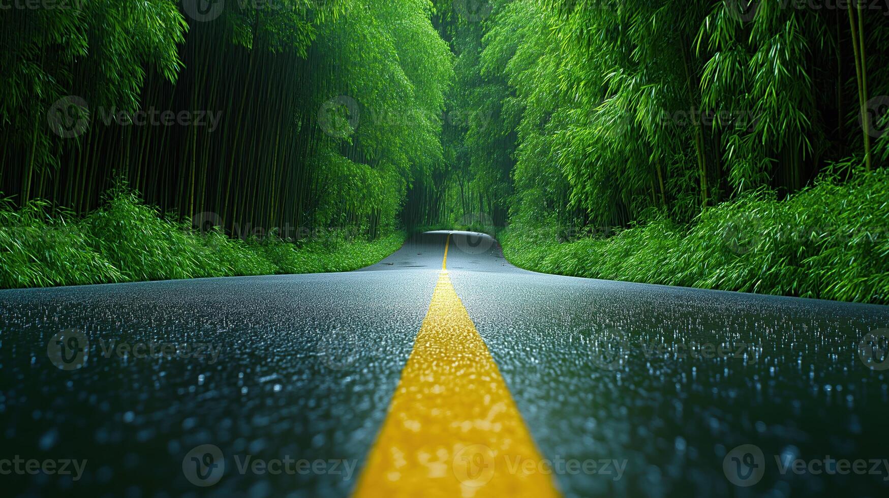 Winding through green bamboo forest, wet asphalt road with yellow markings photo