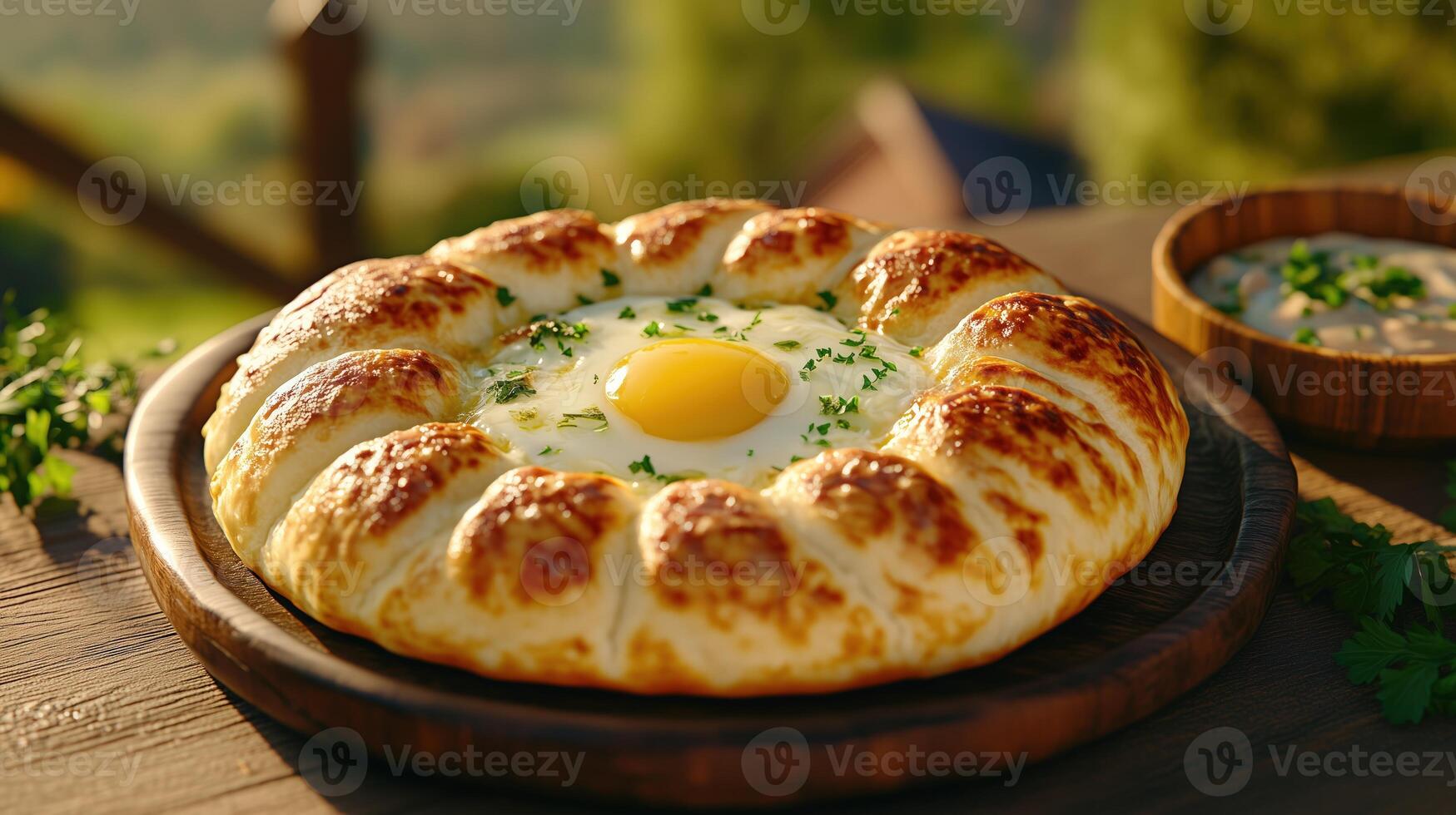 Adjarian khachapuri, bread filled with cheese, butter and raw egg, resting on wooden platter photo