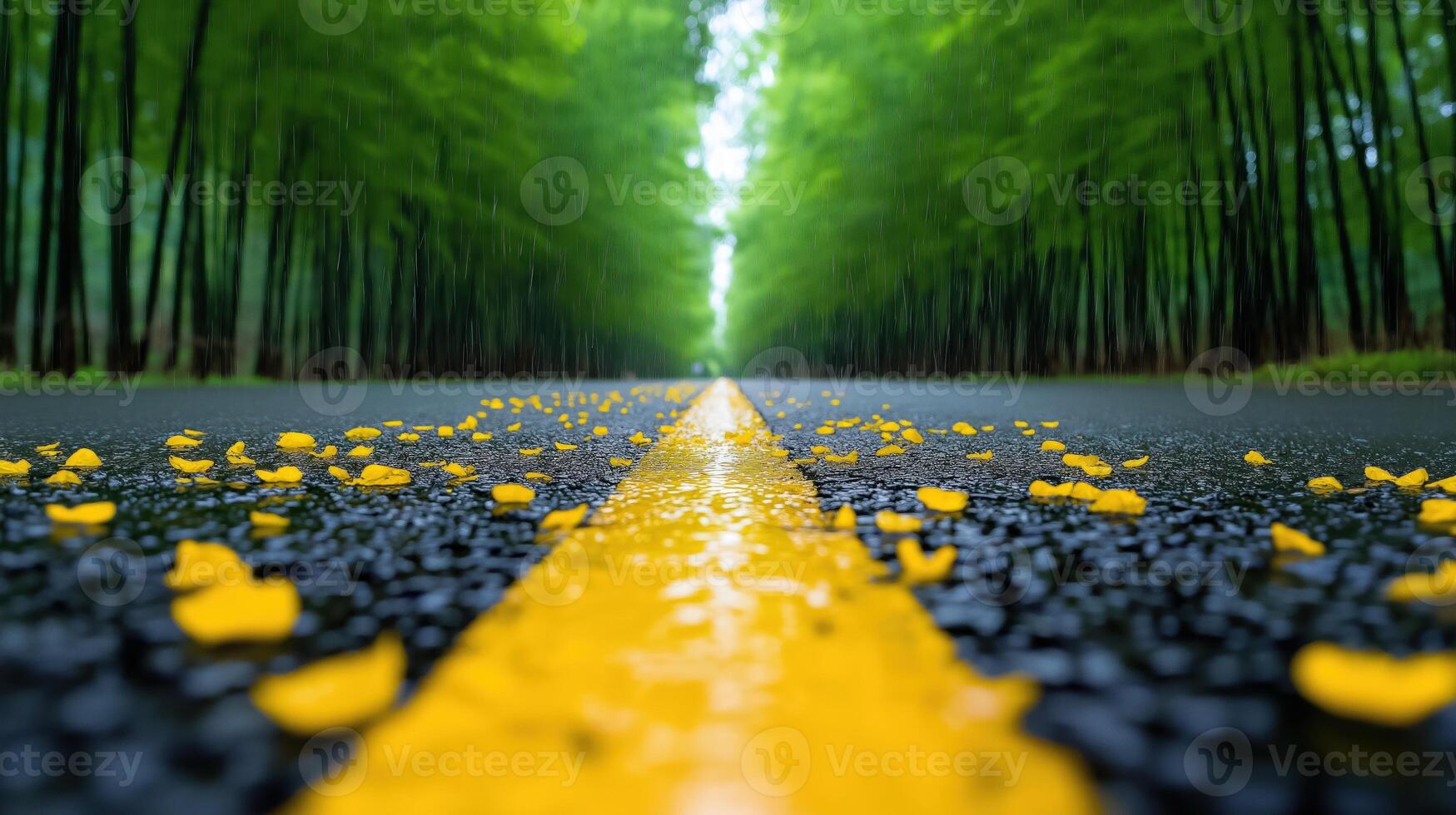 Raindrops are falling on wet asphalt road with yellow markings and flowers petals photo