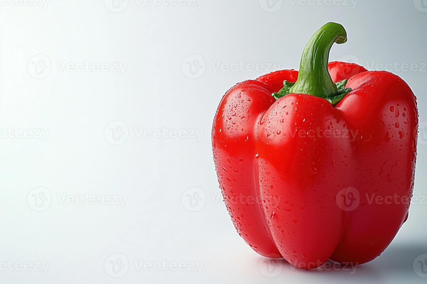 Vibrant red bell pepper glistening with water droplets on white background, copy space photo