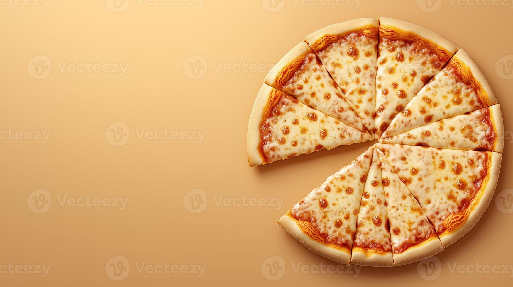 Pizza with melted cheese on orange background presents tempting culinary delight, copy space photo