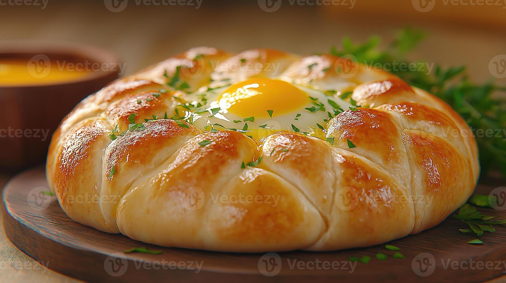 Khachapuri, bread filled with cheese, butter and raw egg, resting on wooden platter photo