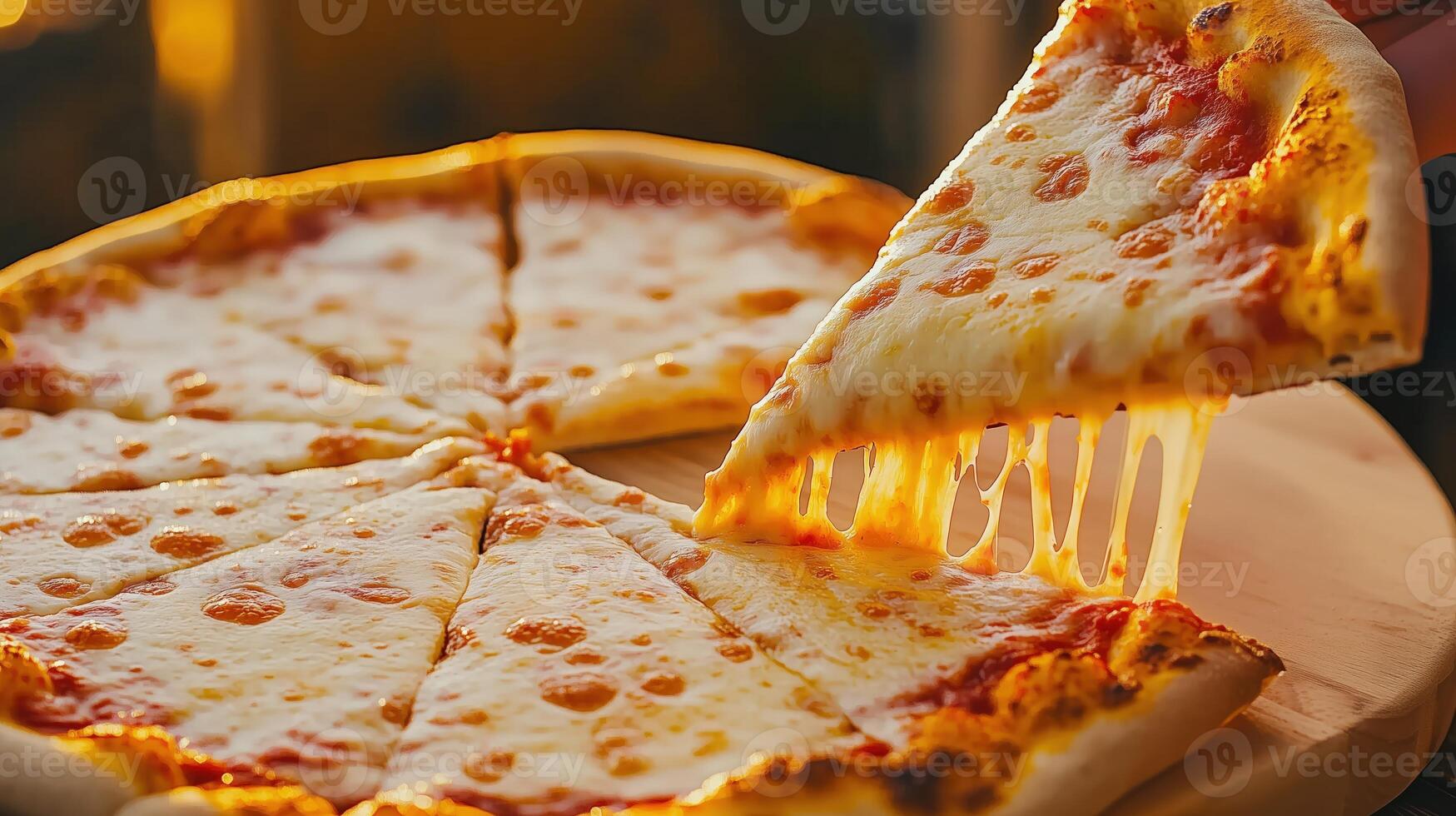 Hand lifts slice of hot pizza with melted cheese stretching from rest of pie photo