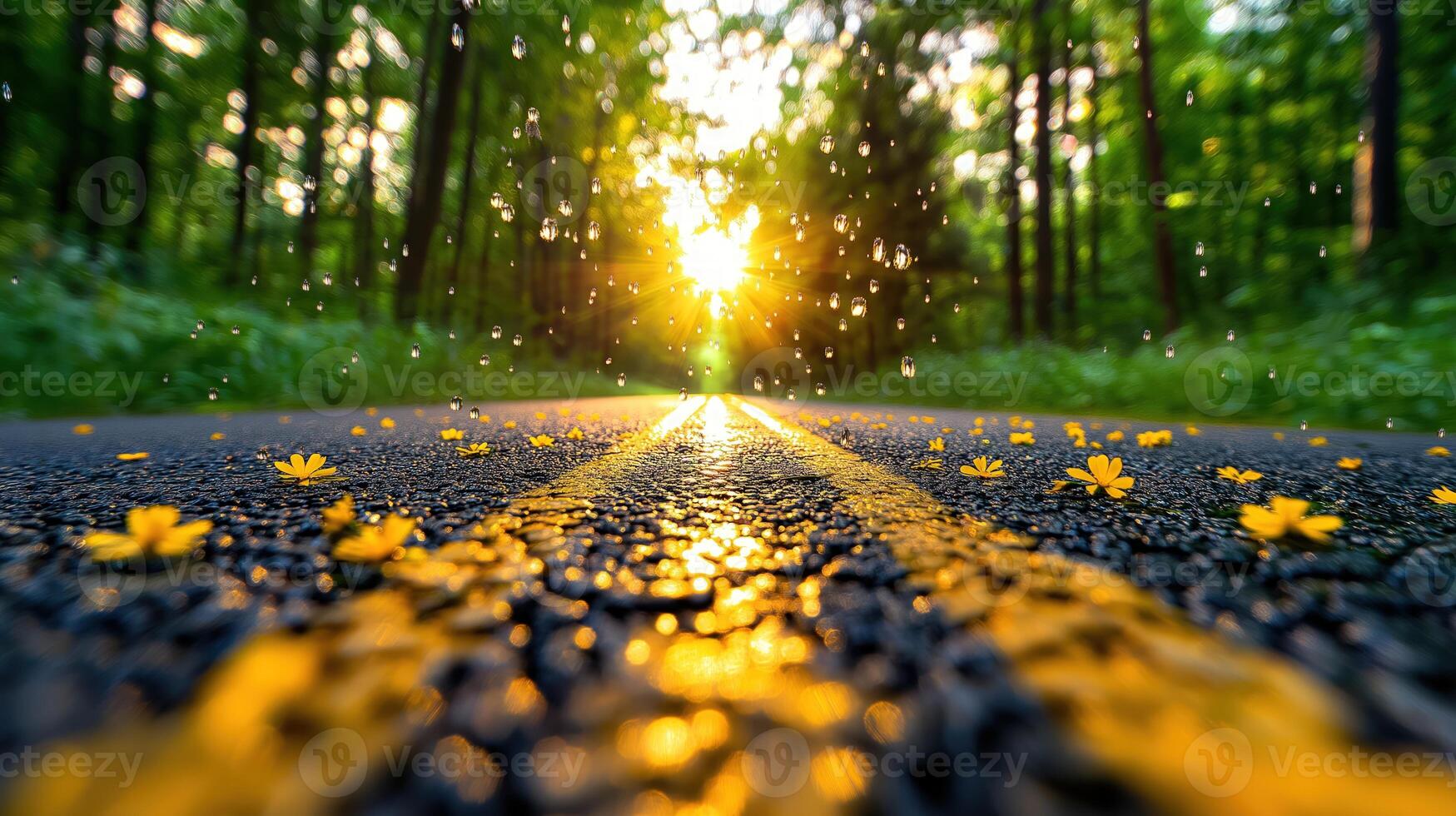 Raindrops are falling on wet asphalt road with yellow markings and small yellow flowers at sunset photo