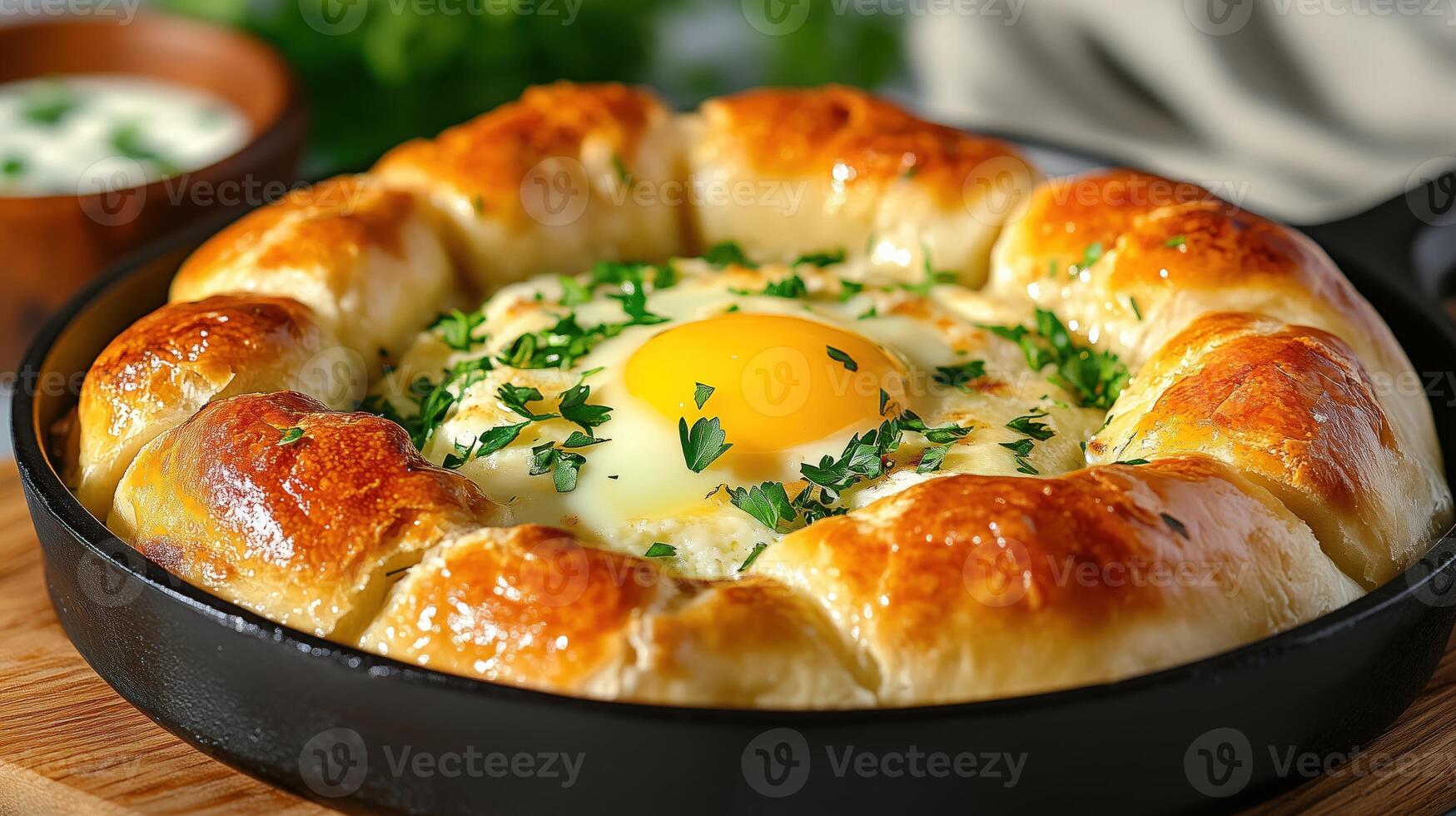 Delicious khachapuri, bread filled with cheese, butter and raw egg, resting on wooden platter photo
