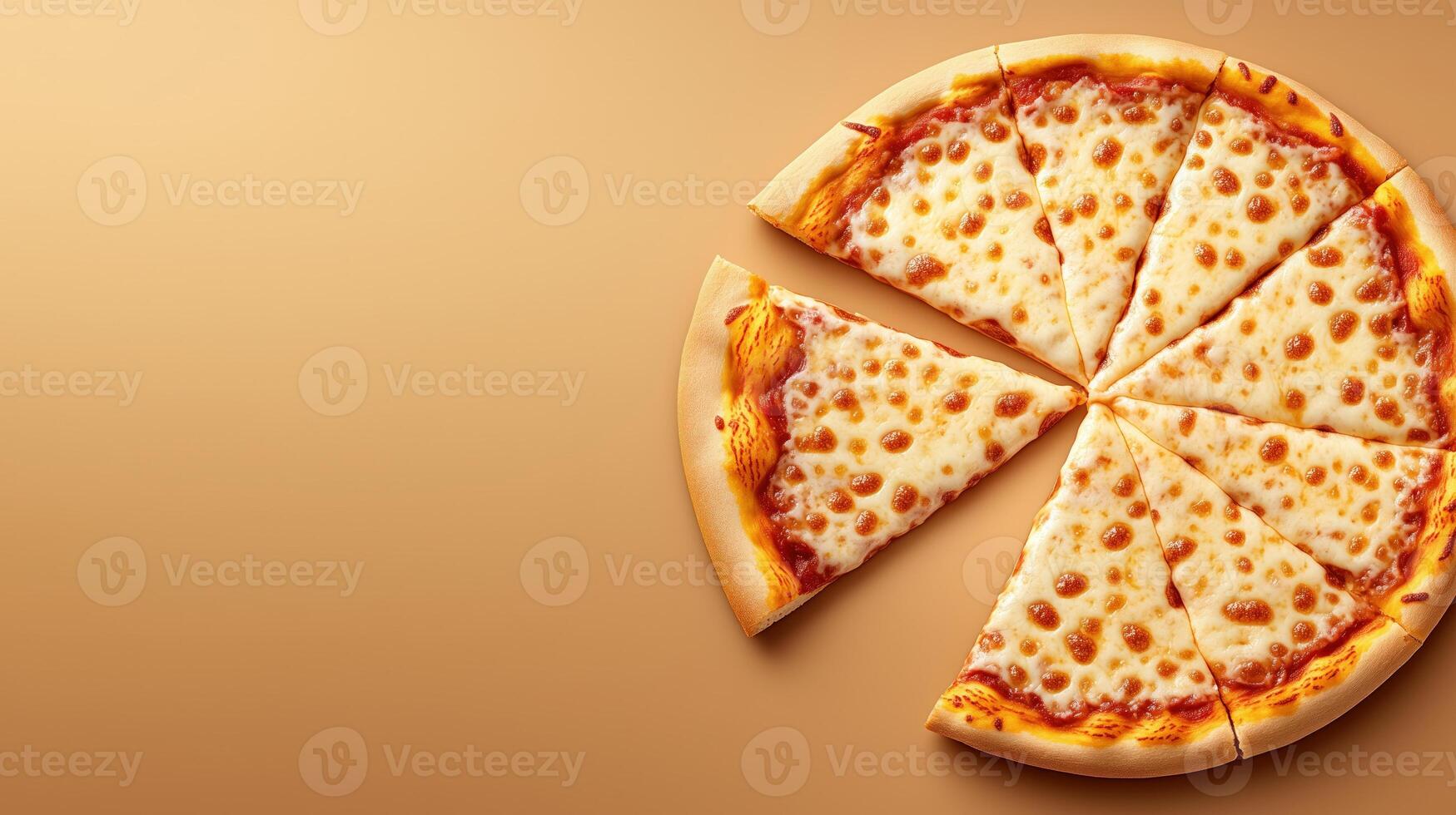 Sliced pizza with melted cheese on orange background, copy space photo
