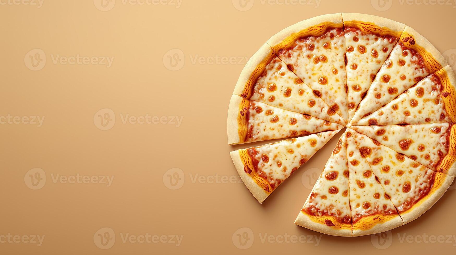 Sliced pizza with melted cheese on light background presents tempting culinary delight, copy space photo