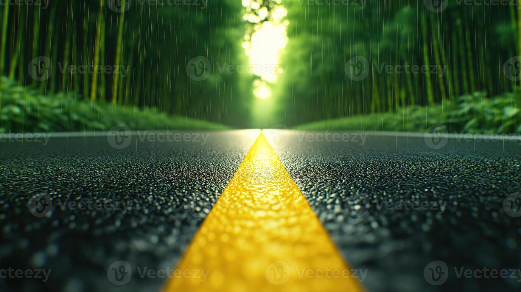 Winding through lush forest, wet asphalt road with yellow markings photo