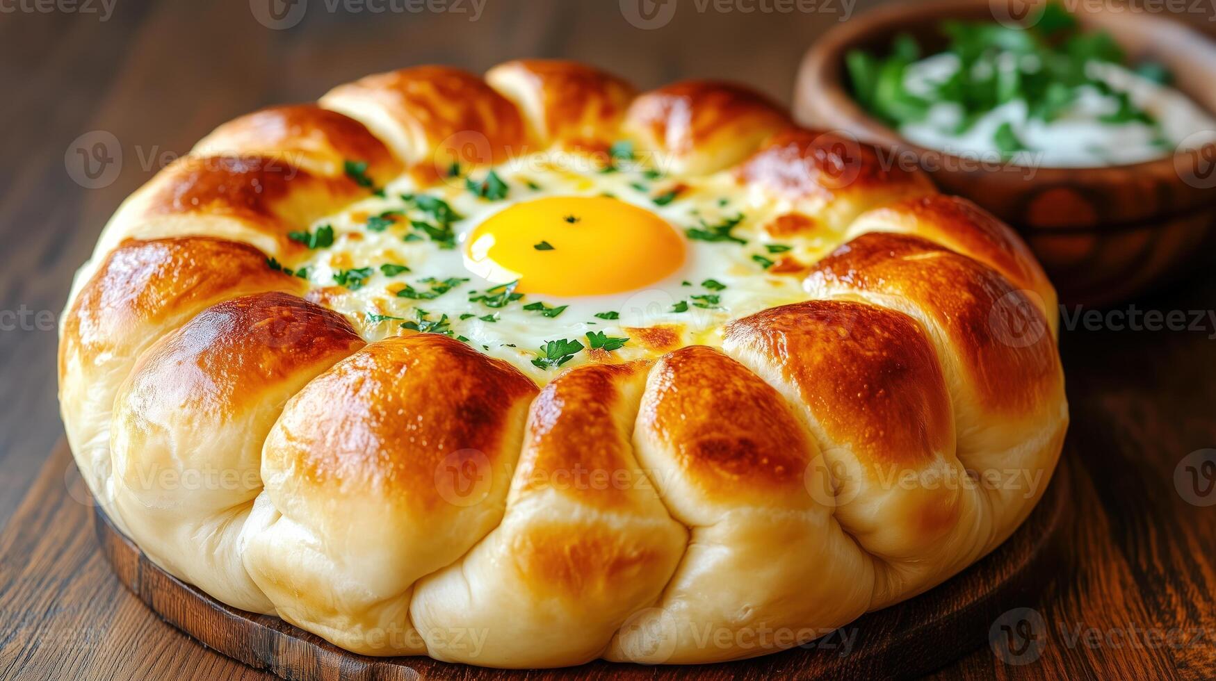 Georgian khachapuri, bread filled with cheese, butter and raw egg, resting on wooden platter photo