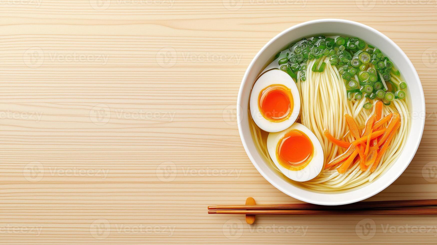 Overhead view of ramen bowl with chopsticks on bamboo placemat, with copy space photo