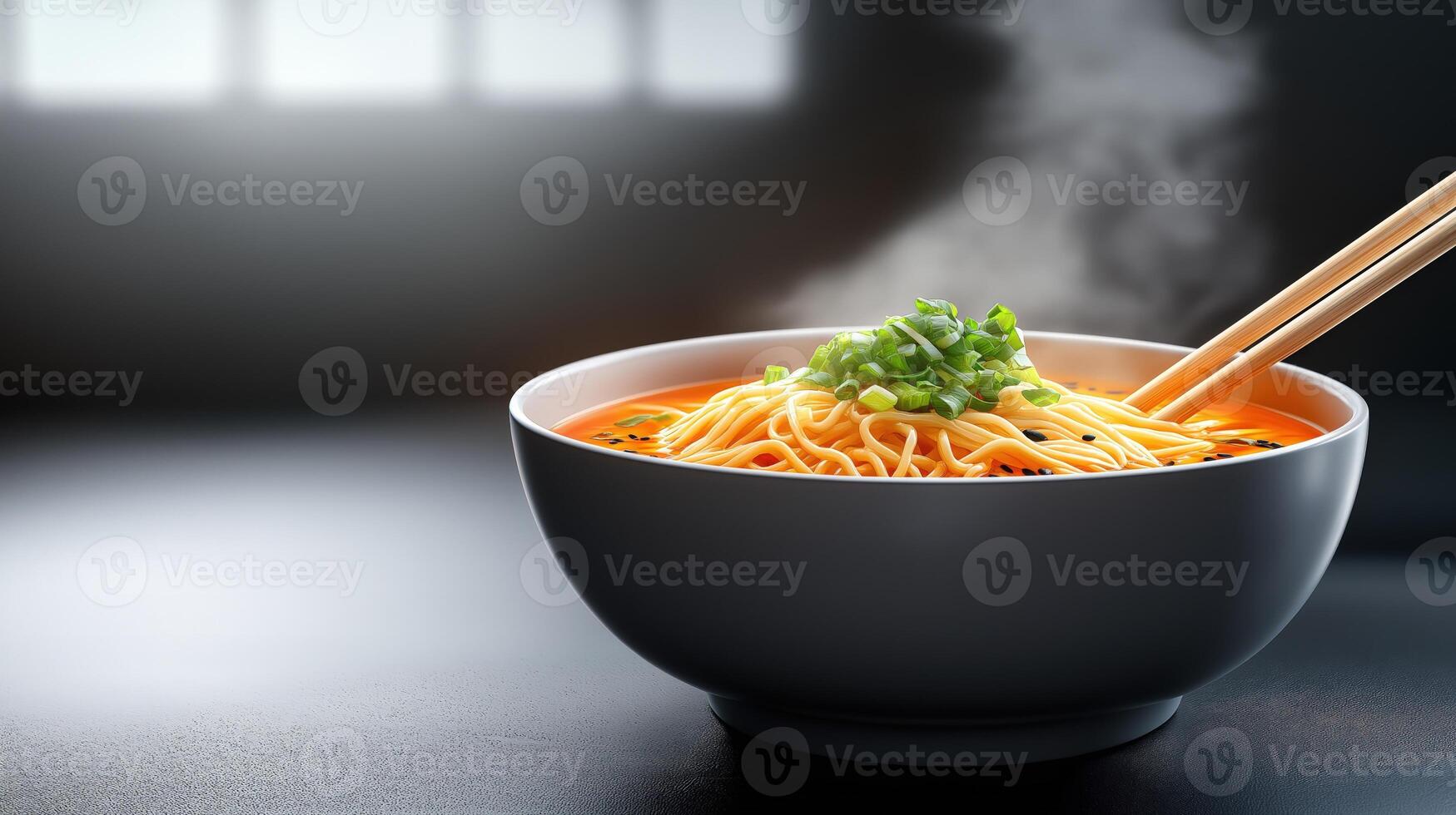 Steaming bowl of ramen noodles garnished with green onions rests on dark surface photo