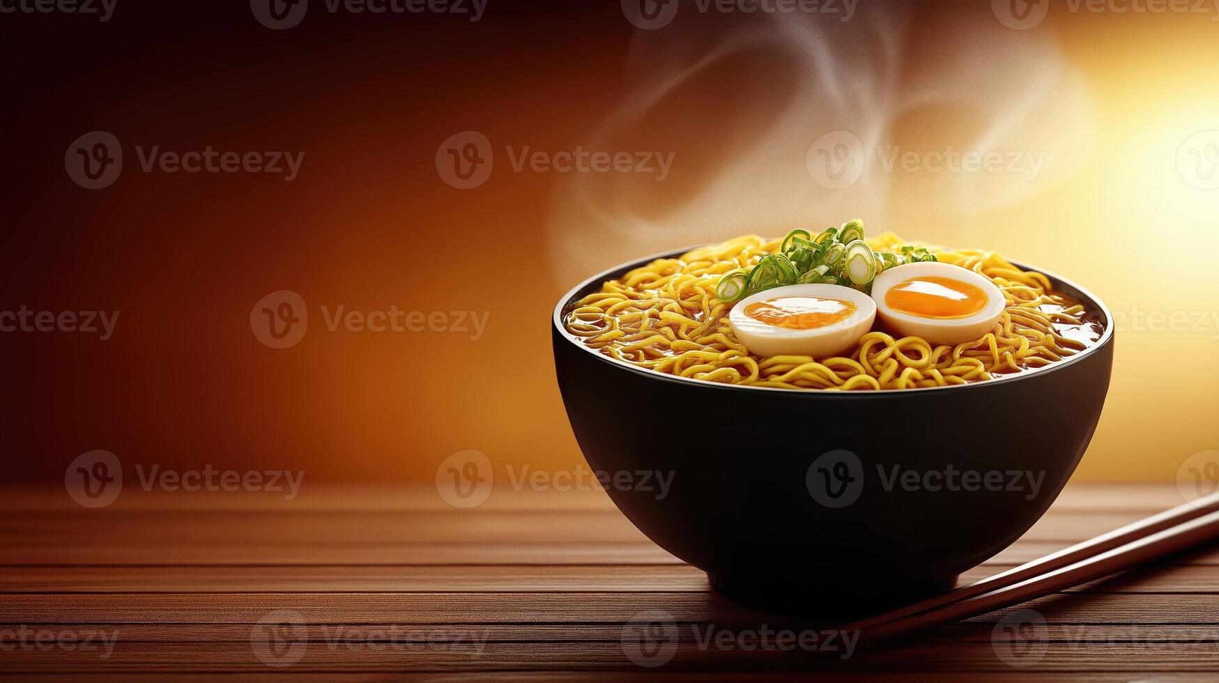 Steaming of ramen bowl noodles garnished with green onions rests on dark surface photo