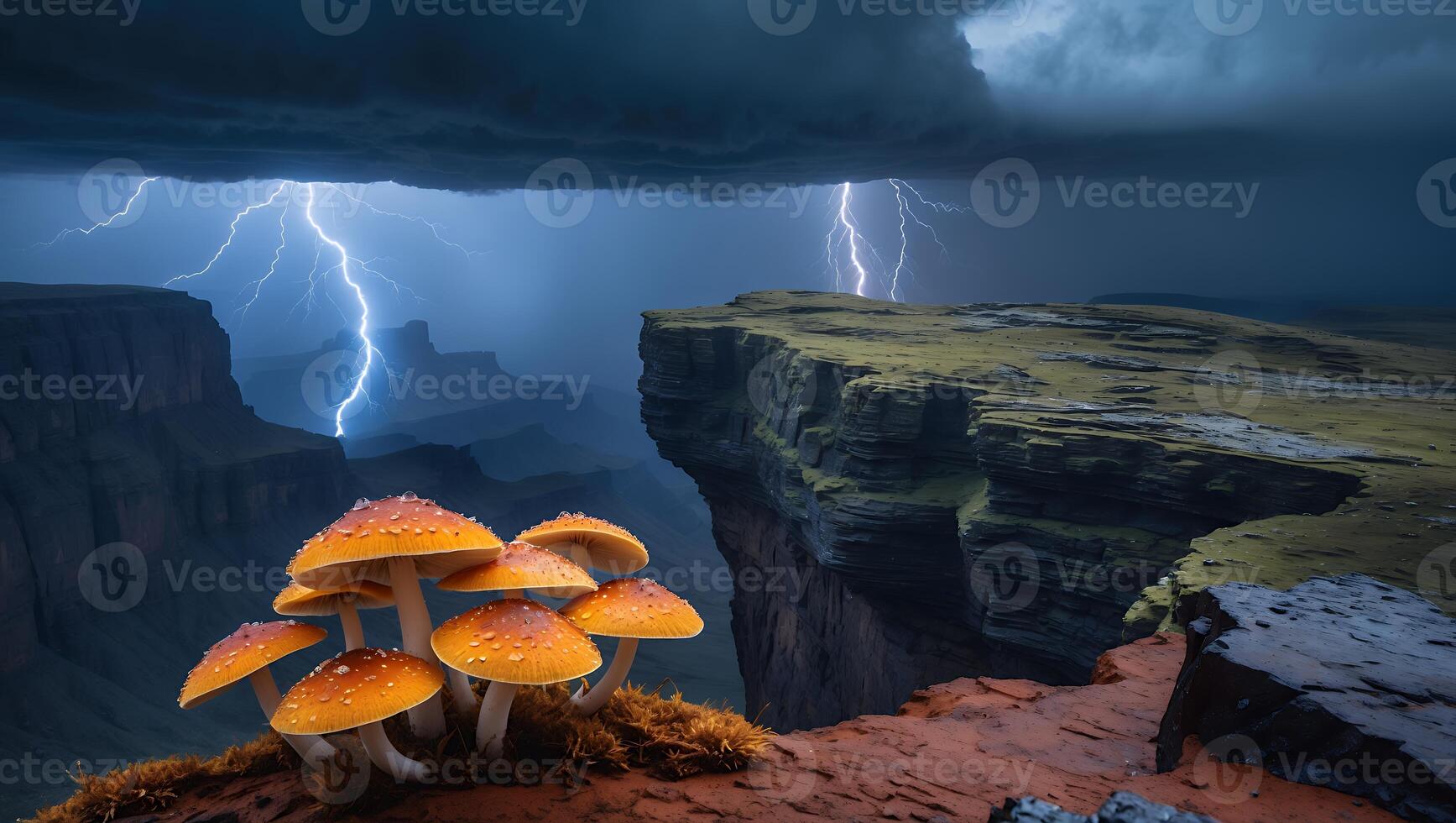 Mushrooms on Cliff Edge with Stormy Sky and Lightning Strikes photo
