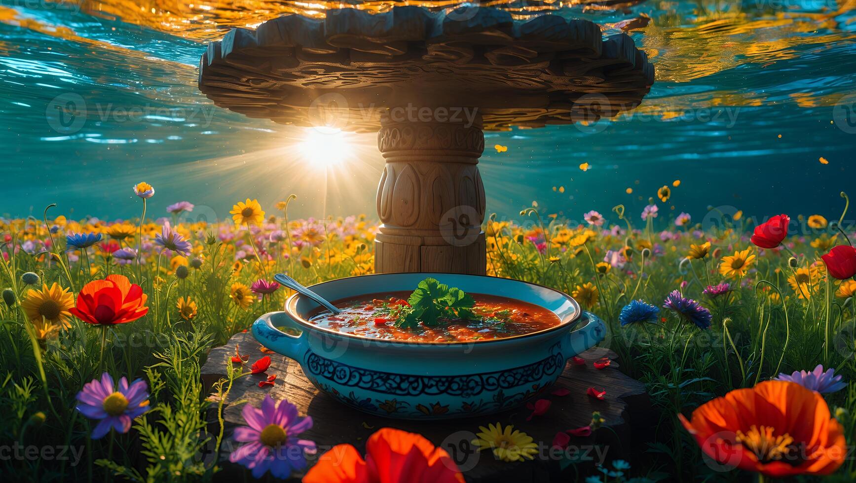 Soup Served in Field of Flowers with Sunlit Table Above photo