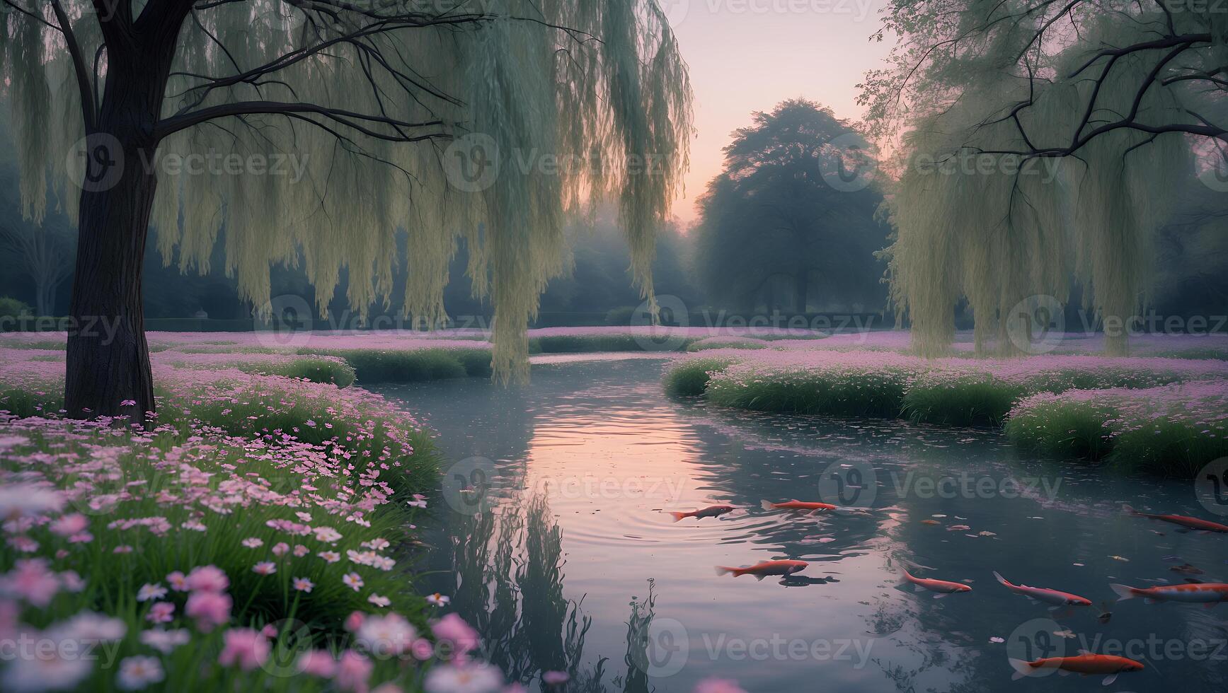 Koi Fish Swimming in Pond Surrounded by Flowers and Willow Trees photo