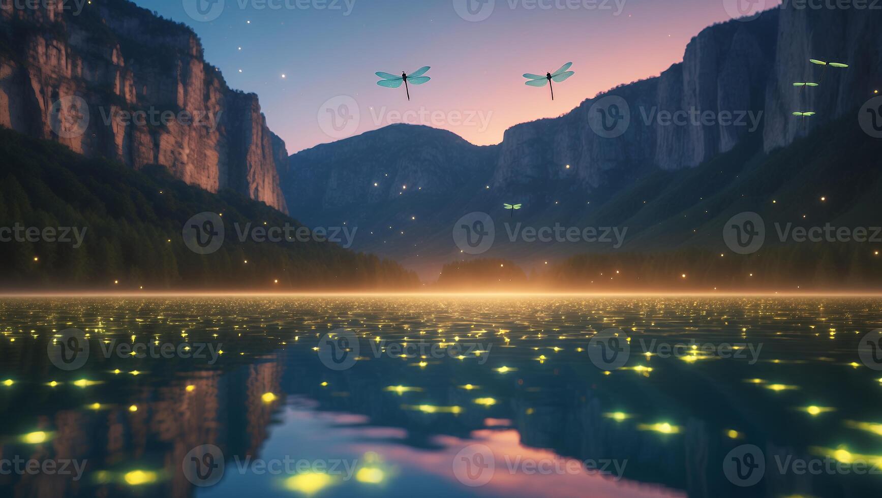 Fireflies Glow Above Mountain Lake with Reflections at Twilight photo