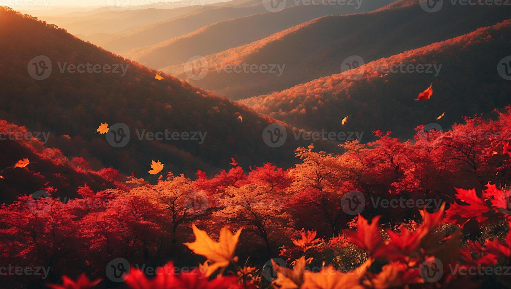 Autumn Leaves Falling Through a Warm Mountain Landscape at Sunset photo