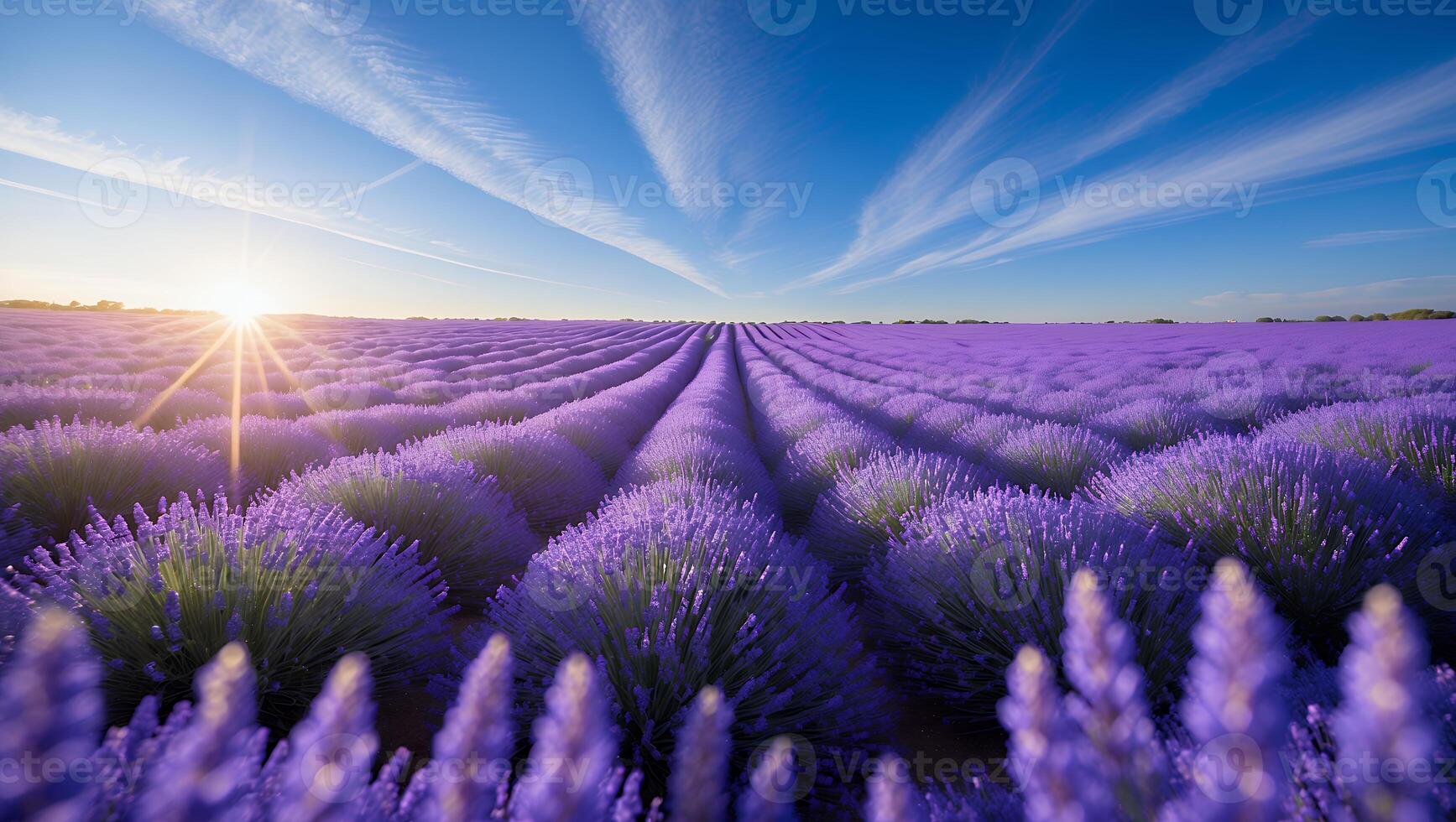 Lavender Field Blooming at Sunset with Sunlight and Striking Cloudscape photo