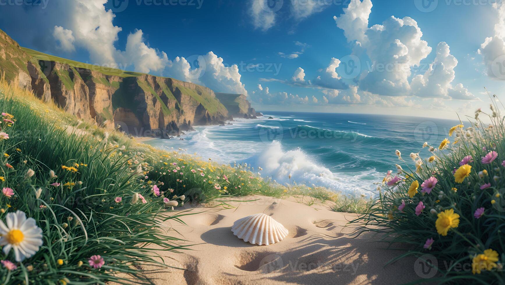 Seashell on Sandy Beach with Cliffs Flowers and Ocean Scenery photo