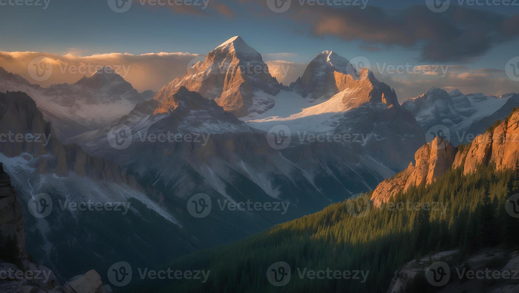 Snowy Mountain Peaks Bathed in Golden Light Over Lush Green Valley photo